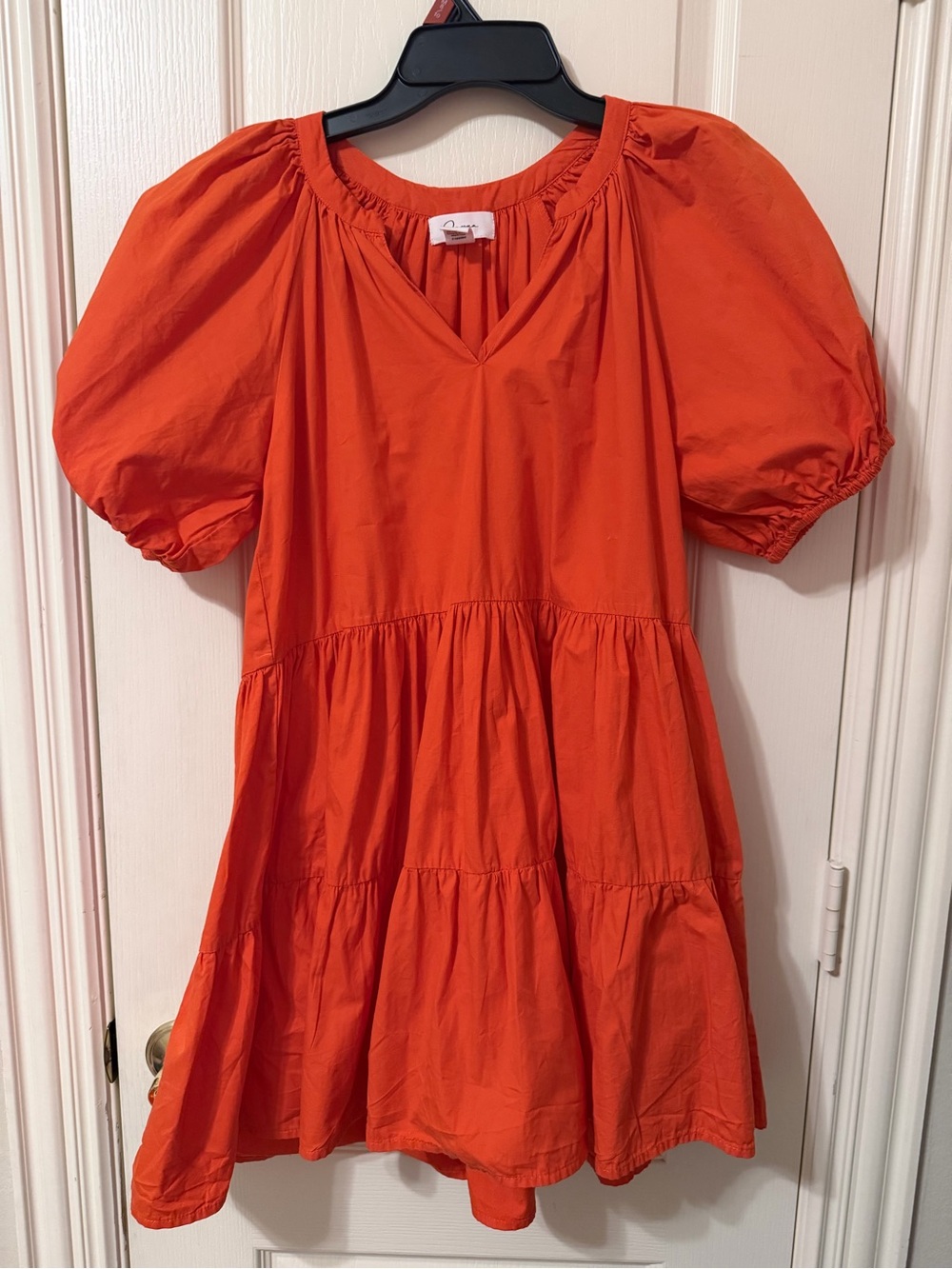 Orange Puff-Sleeve Tiered Dress